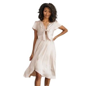 Baltic Born Poppy Satin Midi Dress V-Neck Open Tie Front in Champagne Size XXXL